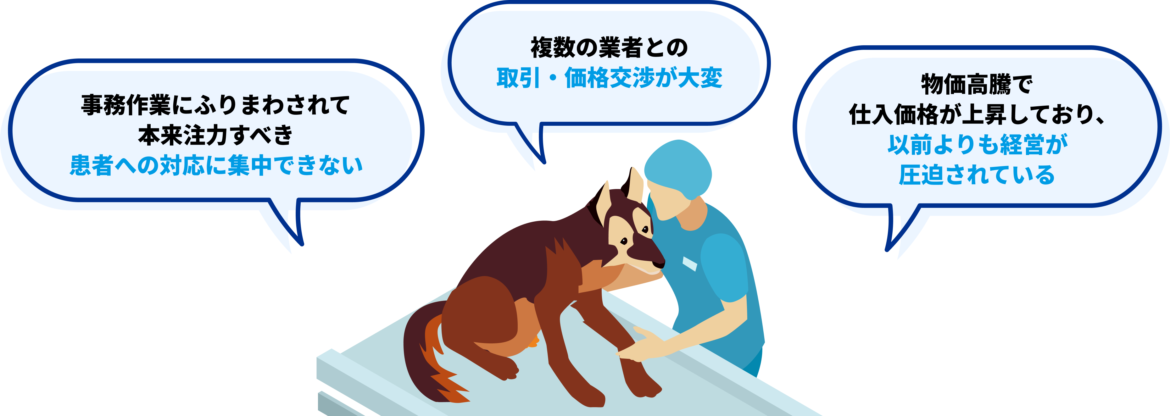 物価上昇、価格交渉、業務肥大...獣医師のみなさんがかかえるお悩みイメージ